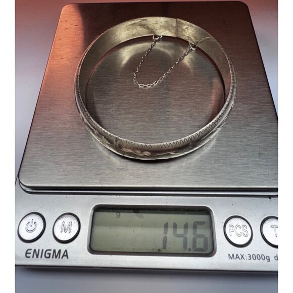 Vintage 925 Sterling Silver Engraved Hinged Bangle Bracelet Size 7.25 Estate - Picture 9 of 10